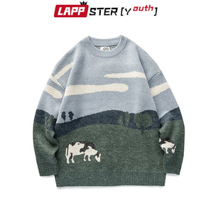 LAPPSTER-Youth Men Cows Vintage Winter Sweaters 2022 Pullover Mens O-Neck Korean Fashions Sweater Women Casual Harajuku Clothes