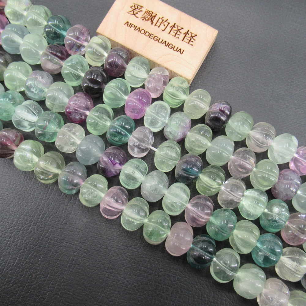 APDGG Natural Multi color Purple Green Fluorite Smooth Pumpkin Loose Beads 16" Strand Jewelry Making DIY