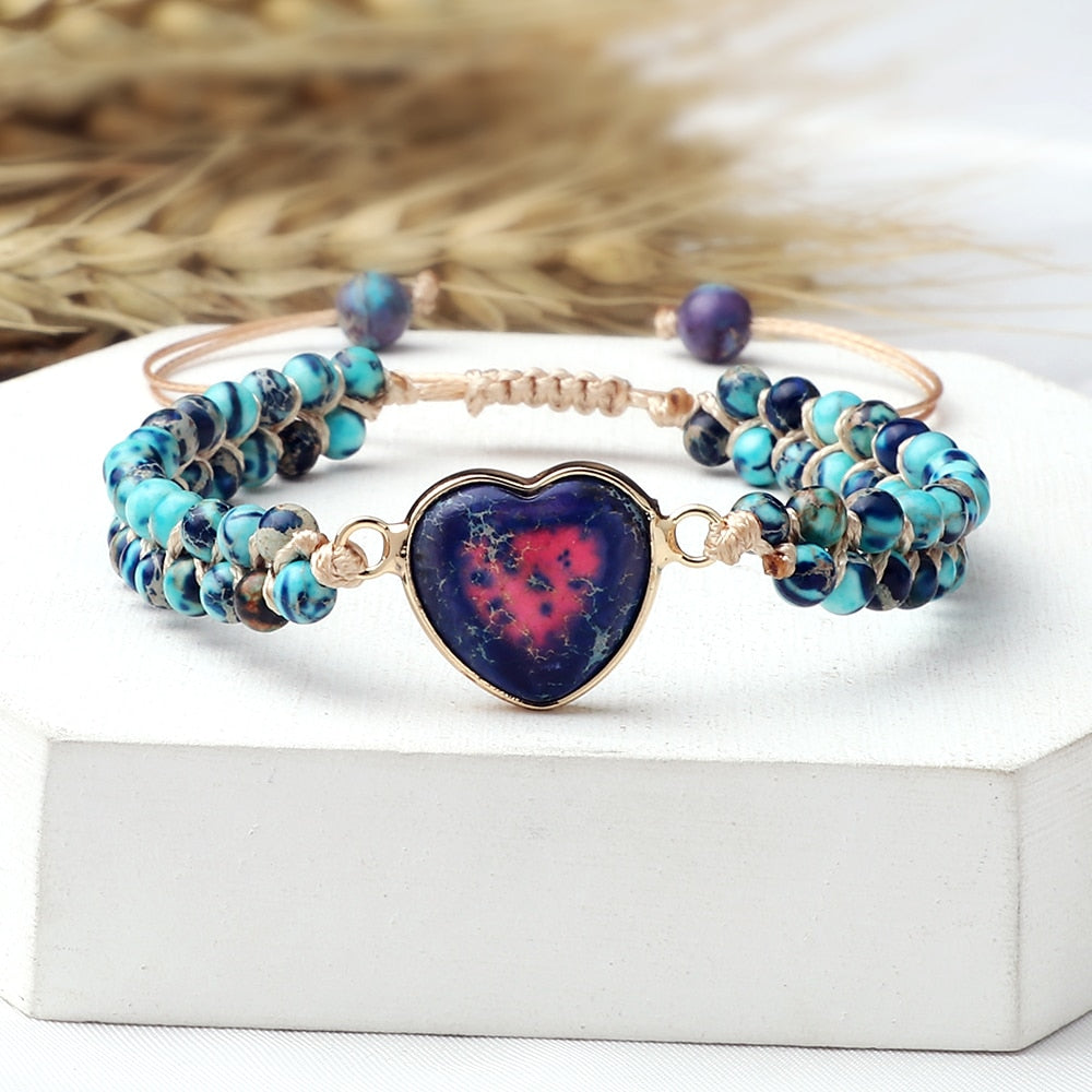 Emperor Stone Heart-Shape Pendant Beaded Bracelets Natural Stone Women Bohemia Chakra Braided Bracelet for Men Handmade Jewelry