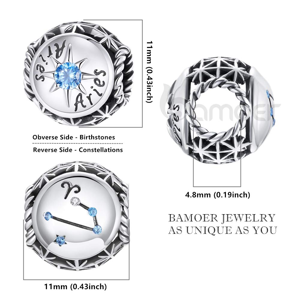 bamoer Zodiac Star Sign 925 Sterling Silver Charm Beads Fit for Charm Bracelets, 12 Constellations Cubic Zirconia Charm SCC1725