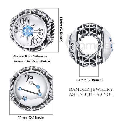 bamoer Zodiac Star Sign 925 Sterling Silver Charm Beads Fit for Charm Bracelets, 12 Constellations Cubic Zirconia Charm SCC1725