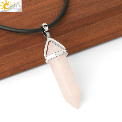 CSJA Real Raw Pink Purple Gem Crystals Necklace Hexagonal Bullet Reiki Chakra Natural Stone Necklace Pendant Women Jewelry E056