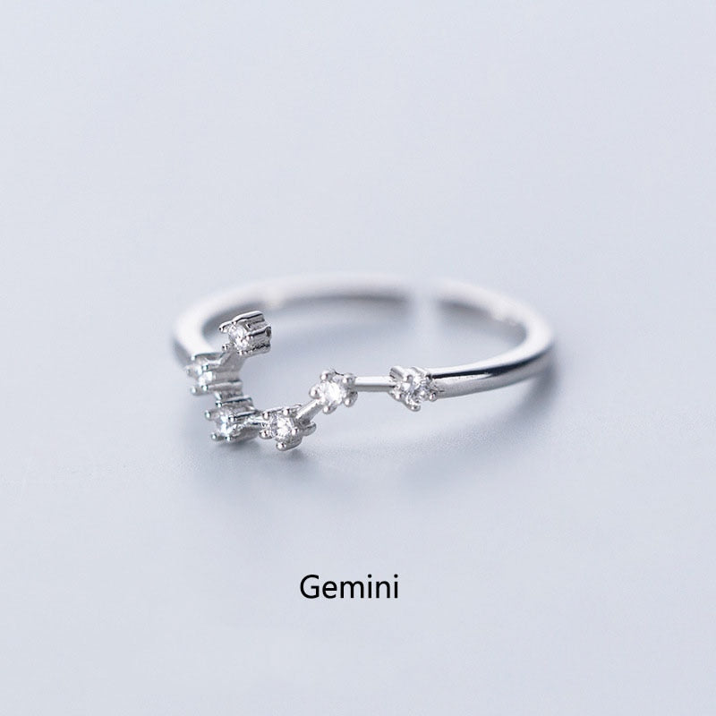 New Minimalist Inlaid Cubic Zircon 12 Constellation Zodiac Sign Rings for Women Simple Silver Color Adjustable Ring Jewelry Gift