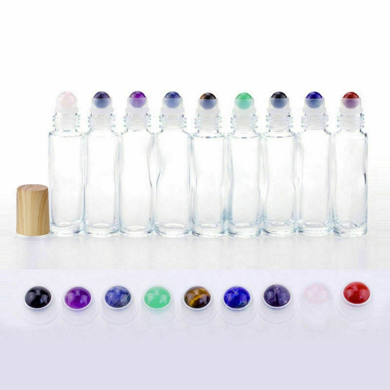 Natural Gemstone Jade Roller Bottle Plastic Wood Grain Lid Refillable Essential Oil Bottle 10ml 10pcs P230