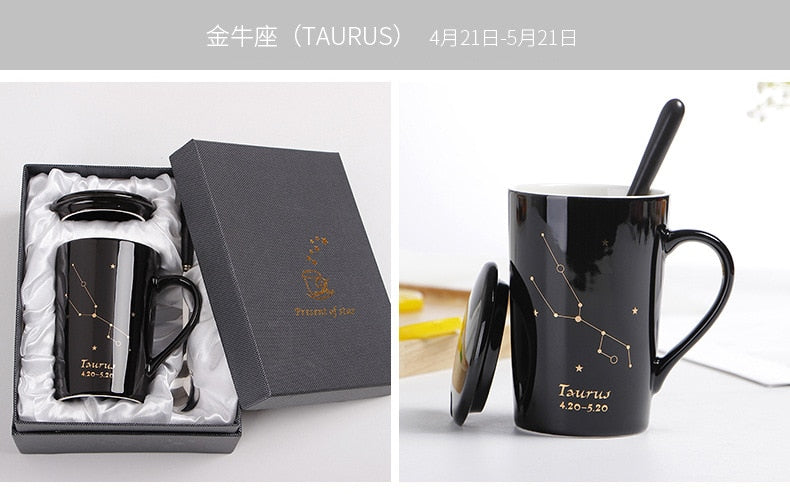 With Gift Box 12 Constellations Creative Ceramic Mugs with Spoon Lid Black and Gold Porcelain Zodiac Milk Coffee Cup 400ML Water