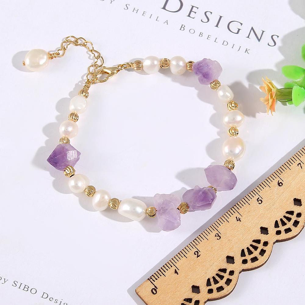 Coeufuedy Freshwater Pearl Bracelet for Women Natural Amethyst Bracelet Party White Pearl Stone Beads Bracelets Fine Jewelry