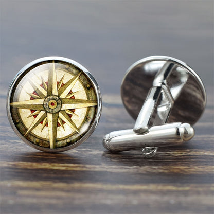 Compass Cuff Links Vintage Compass Clock Sailboat Pattern Alloy Cuff Links for Men Gift Glass Cabochon (It's Not A Real Compass)