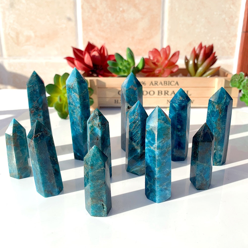 Natural Healing Crystal Blue Apatite Single Point Wand Reiki Polished Gemstone Hexagonal Obelisk Column Home Desk Decoration