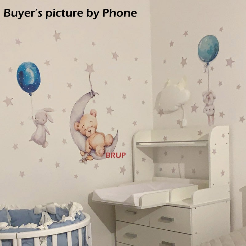 Watercolor Balloon Bunny and Brown Bear Wall Stickers for Kids Room Baby Nursery Room Decoration Wall Decal Party PVC Watercolor