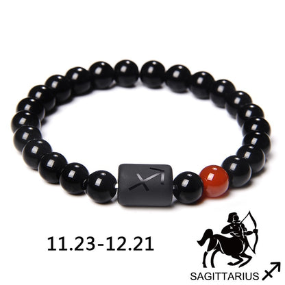 12 Constellation Zodiac Signs Beads Couples Bracelet Natural Black Onyx Stone Elastic Charm Bracelet for Women Men Birthday Gift