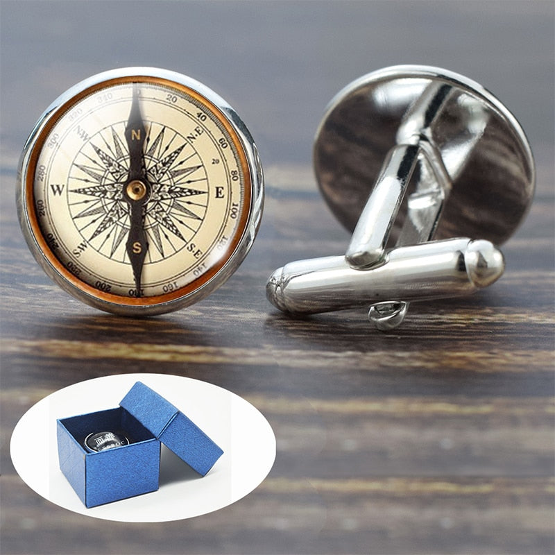 Compass Cuff Links Vintage Compass Clock Sailboat Pattern Alloy Cuff Links for Men Gift Glass Cabochon (It's Not A Real Compass)