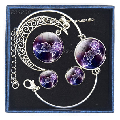 Constellation Jewelry Set 12 Zodiac Signs Glass Cabochon Necklace Bracelet Earrings Set Women 4PCS Jewelry Set Birthday Gifts