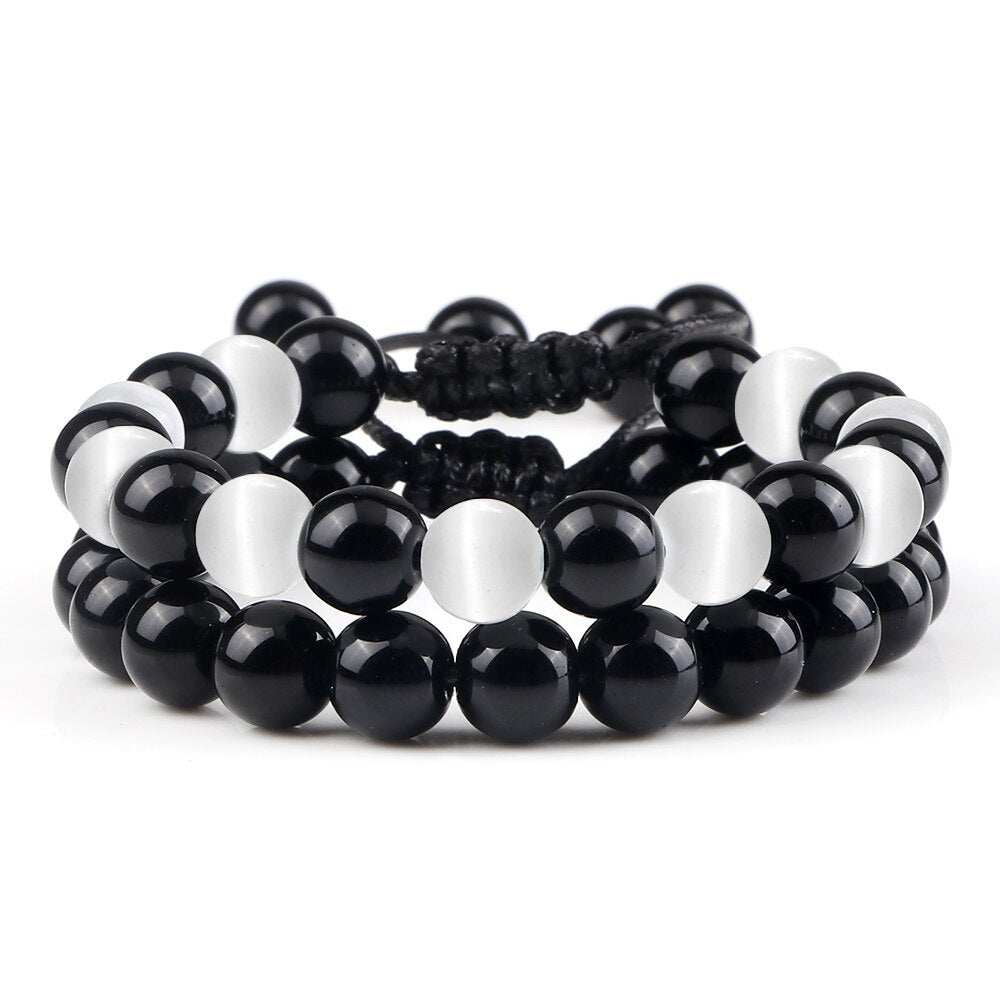 2pcs Men Shiny Black Natural Stone Beaded Bracelets Multicolor Tiger Eye Stone Obsidian Onyx Beads Bracelets Women Yoga Jewelry