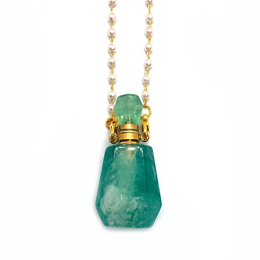Natural Stone Green Fluorite Perfume Bottle Fashion Necklace Turquoise Two-hole Pendant Aromatherapy Bottle Essential Oil Bottle