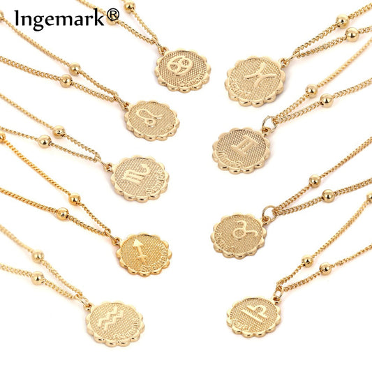 Ingemark 12 Zodiac Constellation Carve Coin Pendant Necklace Simple Copper Leo Beads Clavicle Chain Necklace Sexy Couple Jewelry