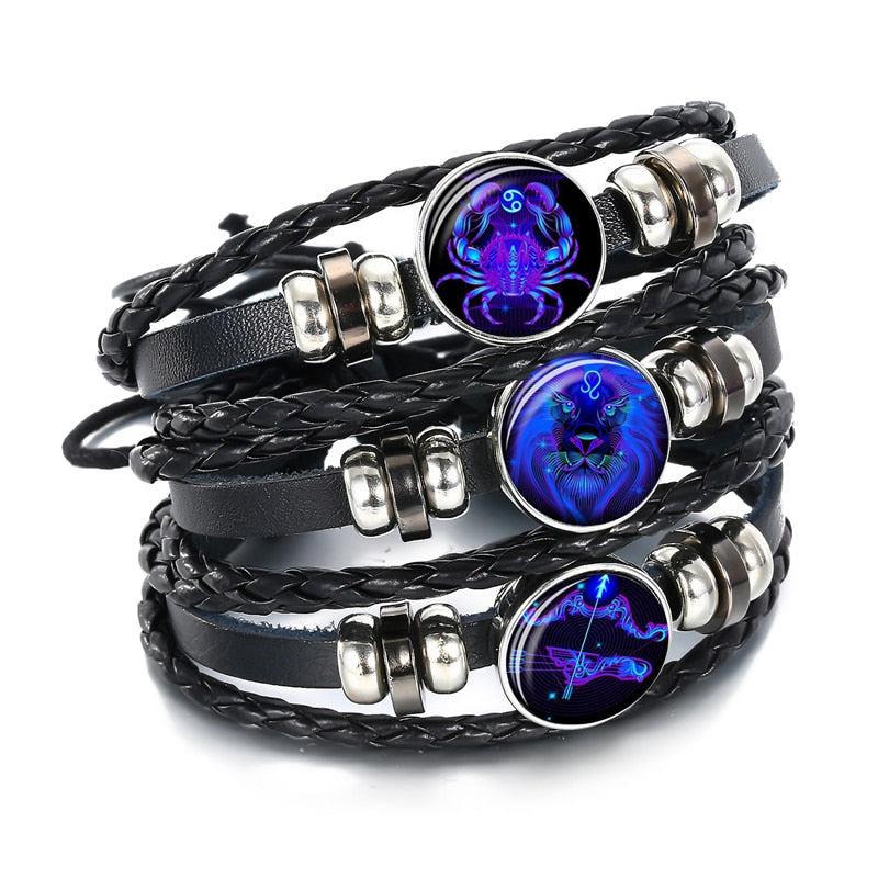 12 Constellation Zodiac Sign Bracelet Men Multilayer Braided Leather Bracelet Bangle for Women Fashion Birthday Party Jewelry