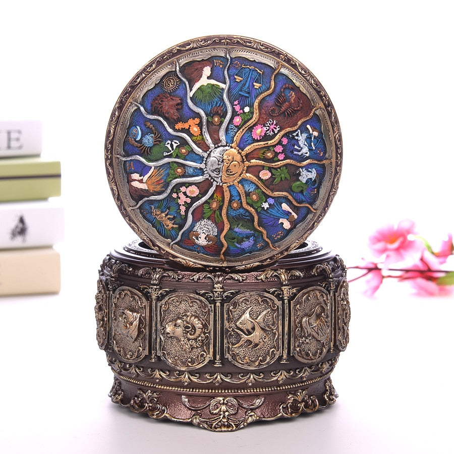 Retro Zodiac 12 Signs Music Box Manual Arts 12 Constellation Musical Boxes with Led Flash Lights Valentine's Day Birthday Gift