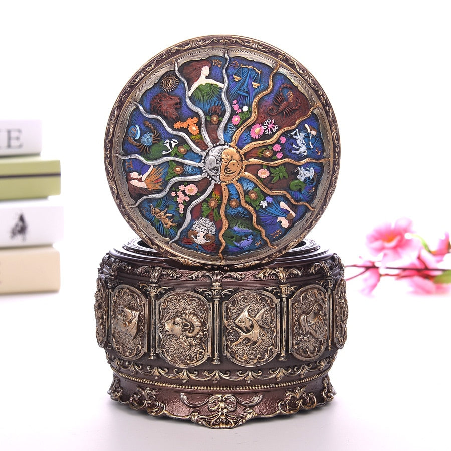 Retro Zodiac 12 Signs Music Box Manual Arts 12 Constellation Musical Boxes with Led Flash Lights Valentine&#39;s Day Birthday Gift
