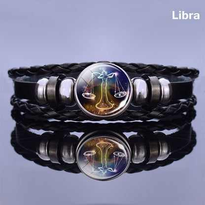 12 Zodiac Signs Glass Dome Leather Bracelet Fashion Jewelry for Couple Aries Taurus Leo Cancer Aquarius Pisces Bangle Bracelet