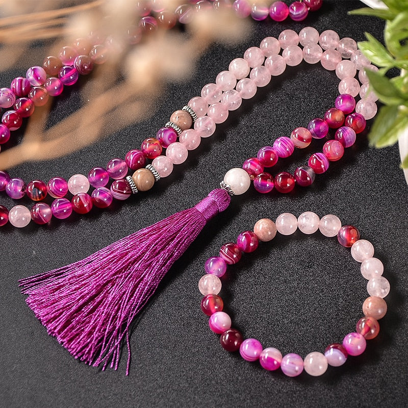 8mm Rhodochrosite Rose Quartz Agate Beaded 108 Japamala Necklace Meditation Yoga Healing Tibetan Jewelry Bracelet Tassel Sets