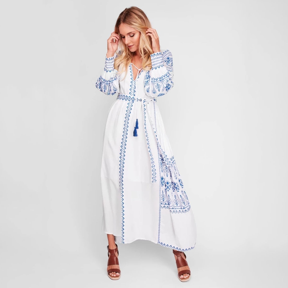 Jastie Bahia Maxi Dress Women Summer Fall Long Sleeve Embroidery Vintage Long Dress 2022 Boho Beach Hippie Loose Vestidos Mujer