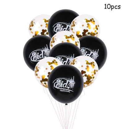 EID Mubarak Golden Banner Balloon Set Disposable Tableware Kit Black Tablecloth Ramadan Kareem Party Supplies Home Decoration