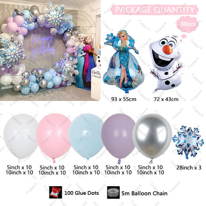 88pcs Disney Frozen Theme Balloons Garland Arch Kit Olaf Elsa Princess Aluminum Foil Balloons Snowflake Birthday Party Decors