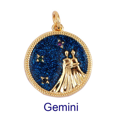 Zodiac Horoscope Sign Medallion Pendant Real 18K Gold Plated Sparkle Astro Coin for Necklace Bracelet Jewelry Making Supply