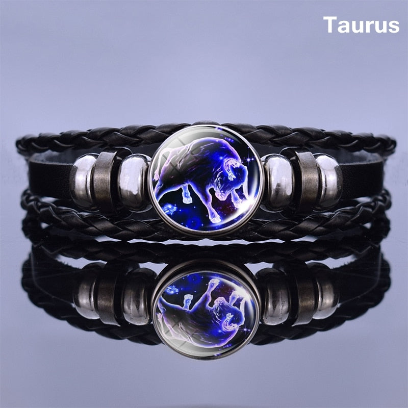 12 Zodiac Signs Glass Dome Leather Bracelet Fashion Jewelry for Couple Aries Taurus Leo Cancer Aquarius Pisces Bangle Bracelet