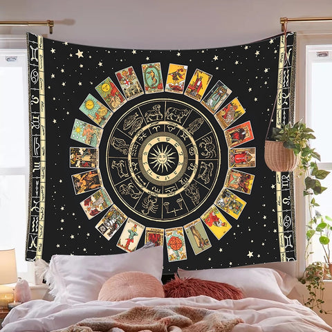 Mandala Tarot Card Tapestry Wheel of the Zodiac Astrology Chart &amp; the Major Arcana Tarot  Sun and Moon  Wall Hanging Home Decor