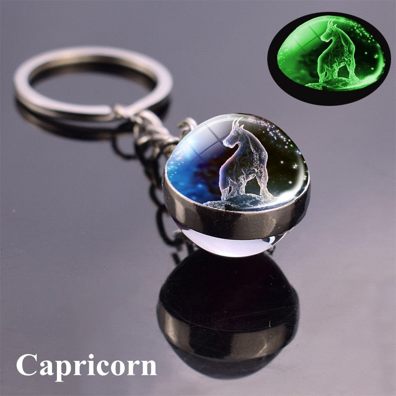 12 Constellation Luminous Keychain Glass Ball Pendant Zodiac Keychain Glow In The Dark Key Chain Holder Men Women Birthday Gift