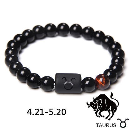 12 Constellation Zodiac Signs Beads Couples Bracelet Natural Black Onyx Stone Elastic Charm Bracelet for Women Men Birthday Gift