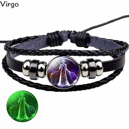 Glowing Constellation Bracelet Punk Luminous Jewelry Black Leather Woven Bracelet Glow In The Dark Zodiac Sign Luminous Bracelet