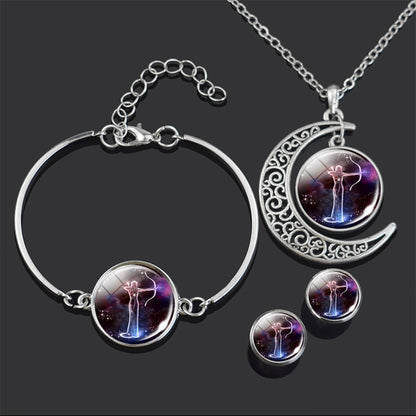 Constellation Jewelry Set 12 Zodiac Signs Glass Cabochon Necklace Bracelet Earrings Set Women 4PCS Jewelry Set Birthday Gifts