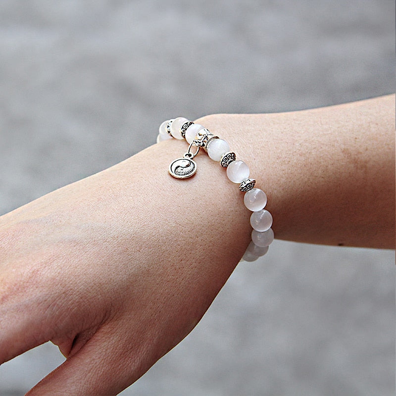 Fashion White Cat Eye Stone Beads Bracelets For Women Jewelry Men Animal Charm Bracelets Natural Stone Beaded Bracelets Shiny