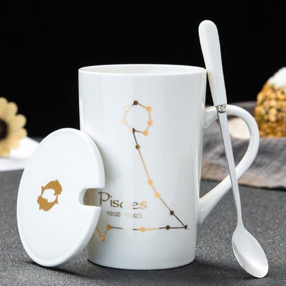 Ceramic Mugs 12 Constellations Creative Mugs With Spoon Lid Black Mug Porcelain Zodiac Milk Coffee Cup Drinkware Couples Gift