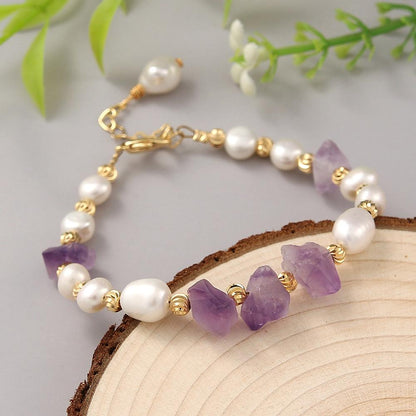 Coeufuedy Freshwater Pearl Bracelet for Women Natural Amethyst Bracelet Party White Pearl Stone Beads Bracelets Fine Jewelry