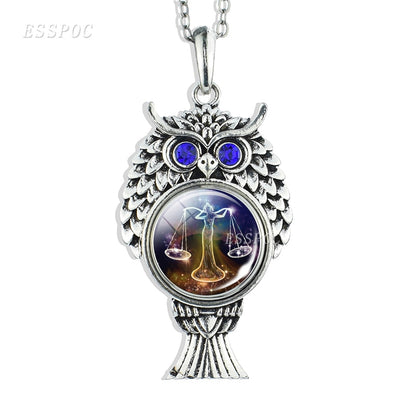 12 Constellations Signs Button Glass Cabochon Jewelry Pendant Cute Owl Shape Necklace Zodiac Birthdays Gifts for Women