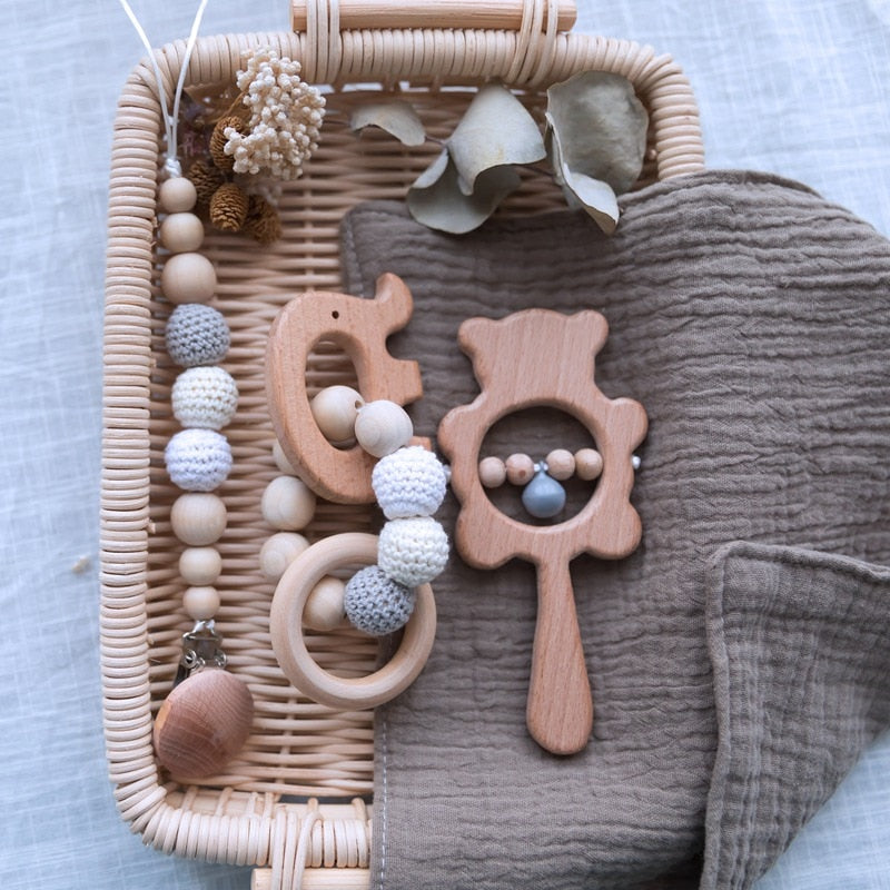 1set Baby Toys Wooden Rattle Bear Shape Hand Teething Baby Teether Musical Pacifier Chain Montessori Educational Stroller Toys