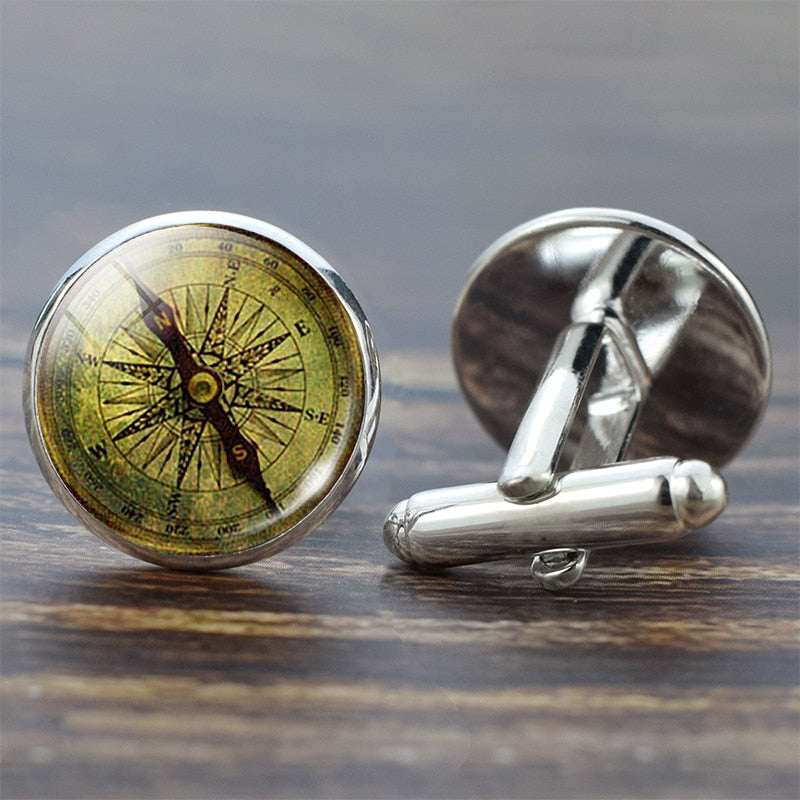 Compass Cuff Links Vintage Compass Clock Sailboat Pattern Alloy Cuff Links for Men Gift Glass Cabochon (It's Not A Real Compass)