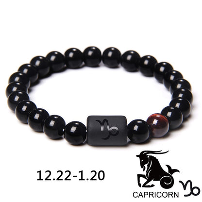 12 Constellation Zodiac Signs Beads Couples Bracelet Natural Black Onyx Stone Elastic Charm Bracelet for Women Men Birthday Gift