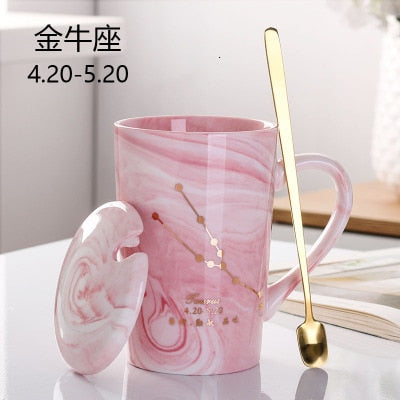 Natural Marble 12 Constellation Ceramic Pink Zodiac Mug With Lid Coffee Mugs Creative Personality Cup 380ml Cups And Mugs Xicara