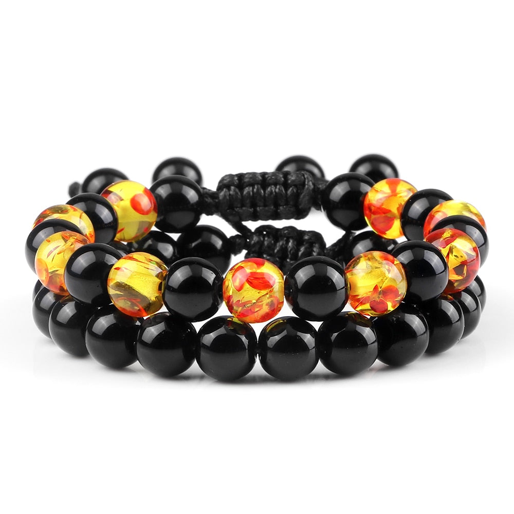 2pcs Men Shiny Black Natural Stone Beaded Bracelets Multicolor Tiger Eye Stone Obsidian Onyx Beads Bracelets Women Yoga Jewelry