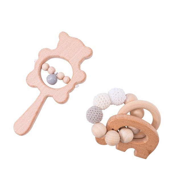 1set Baby Toys Wooden Rattle Bear Shape Hand Teething Baby Teether Musical Pacifier Chain Montessori Educational Stroller Toys