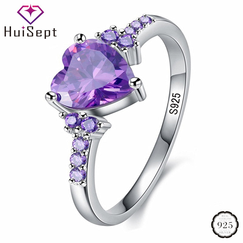 HuiSept Fashion Ring 925 Silver Jewelry Heart Shape Amethyst Gemstone Rings for Female Wedding Promise Party Ornament Wholesale