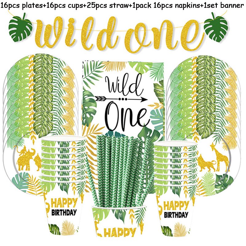 Wild One Birthday Party Decor Animal Tableware Set Balloon Arch Garland Safari Jungle Decoration Baby Shower 1st Birthday Boy