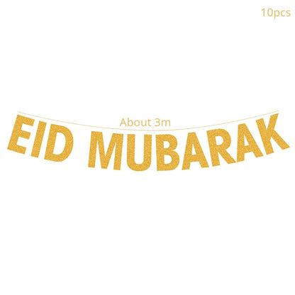 EID Mubarak Golden Banner Balloon Set Disposable Tableware Kit Black Tablecloth Ramadan Kareem Party Supplies Home Decoration