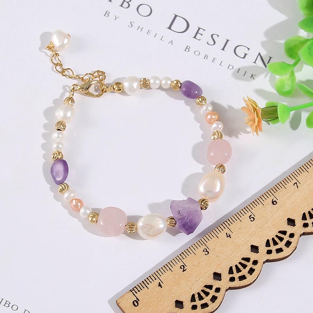 Coeufuedy Freshwater Pearl Bracelet for Women Natural Amethyst Bracelet Party White Pearl Stone Beads Bracelets Fine Jewelry