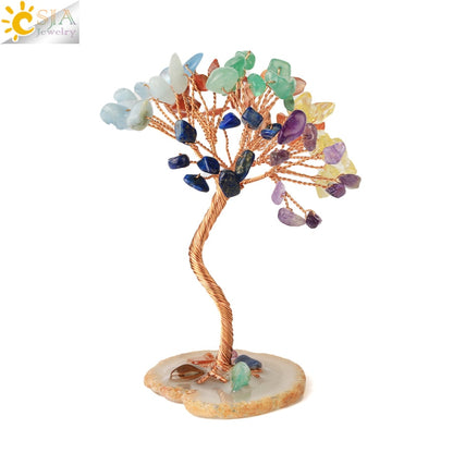 CSJA 7 Chakras Tree of Life Decoration Rose Natural Chip Crystal Handmade Healing Luck Money Trees Feng Shui Home Office G822