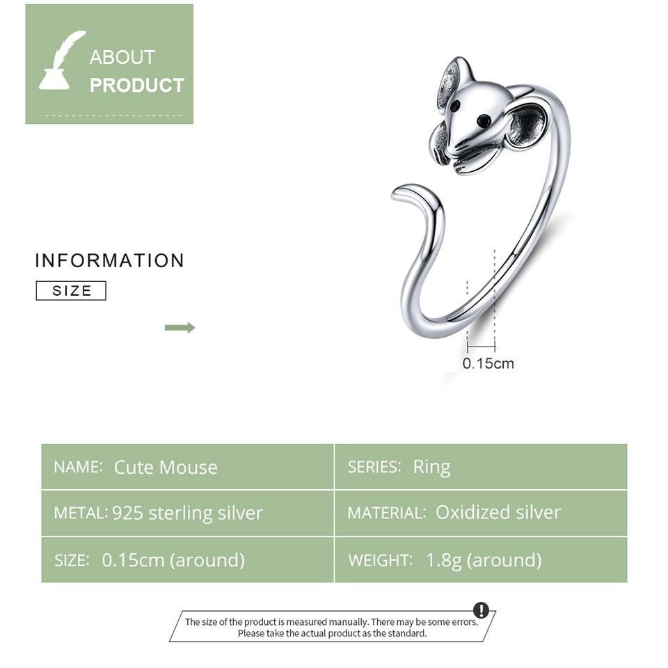 bamoer Authentic 925 Sterling Silver Mouse Animal Adjustable Finger Ring for Women 2020 Zodiac Fashion Jewelry Bijoux SCR632